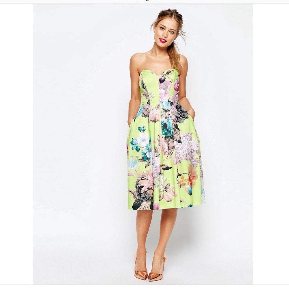 NWOT ASOS SALON Lime Floral Bandeau Midi Dress